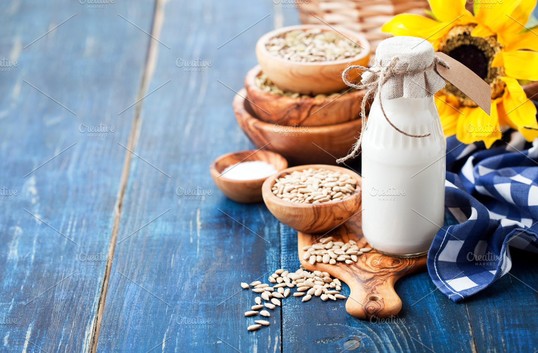 Raw vegan sunflower seed milk stock photo containing beverage and blue, a Food & Drink Photo by Y. A. Photo