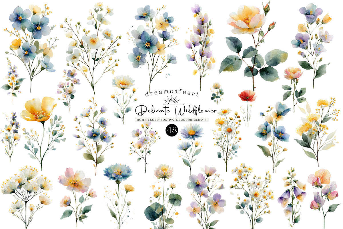 Watercolor Delicate Wildflower Clipa, an Illustration by DreamCafeArt (Photo 1 of 7)