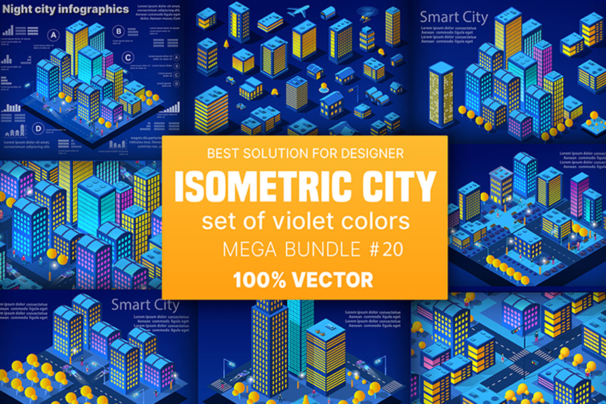 Night neon isometric city, an Object Graphic by AlexZeL (Photo 1 of 9)