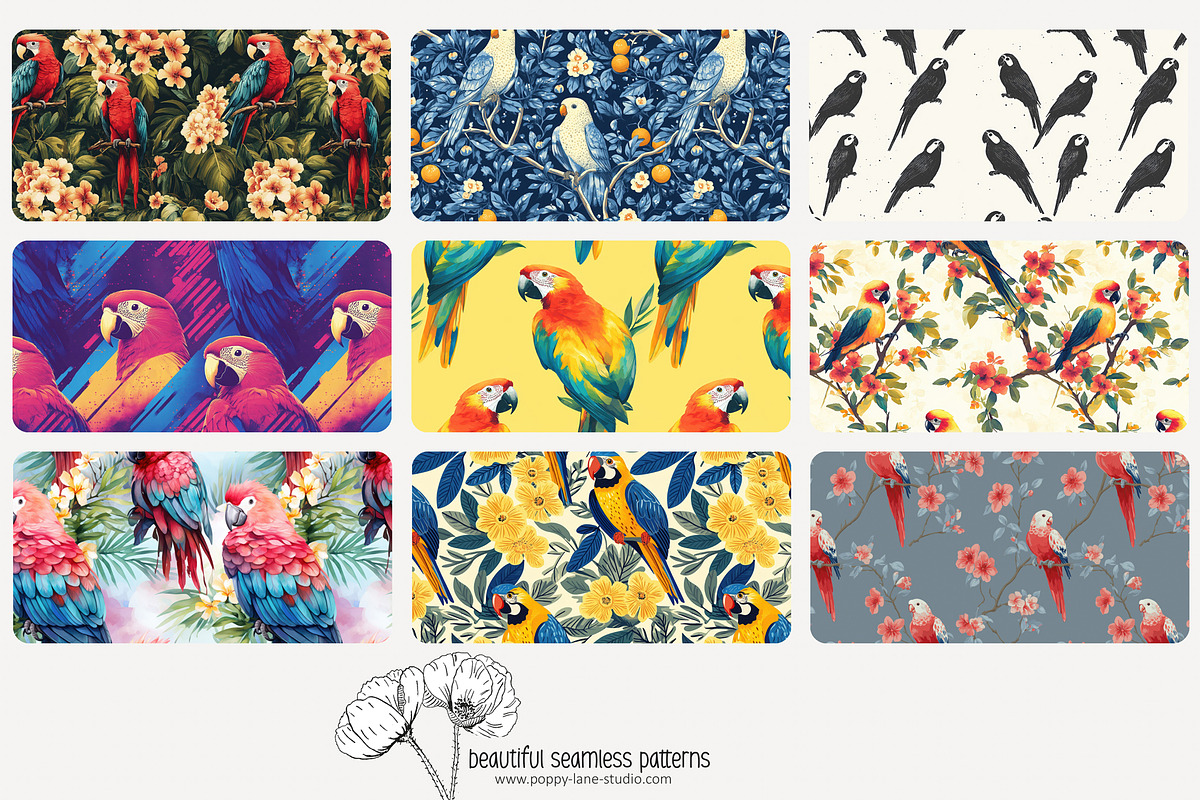 70 parrot seamless pattern, a Pattern Graphic by Poppy Lane Studio