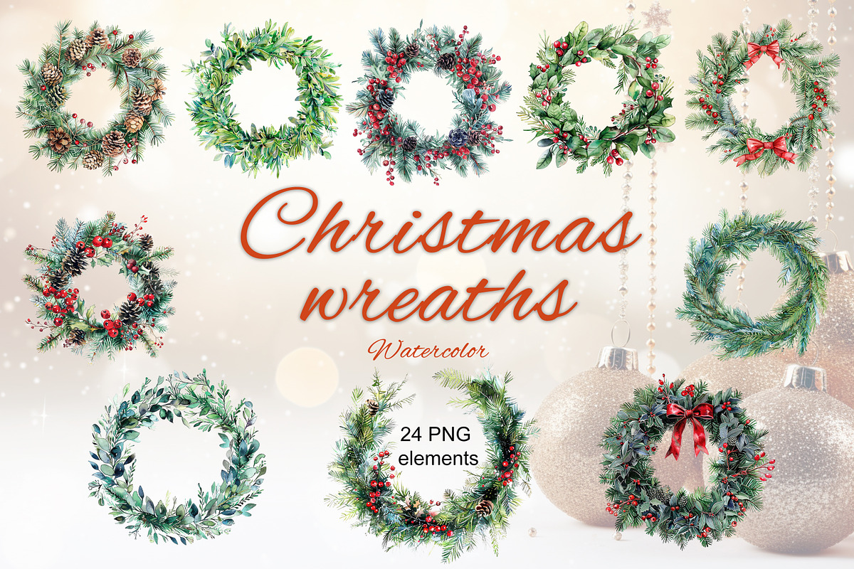 Watercolor Christmas wreaths PNG, a Decorative Illustration by dashtik (Photo 1 of 5)