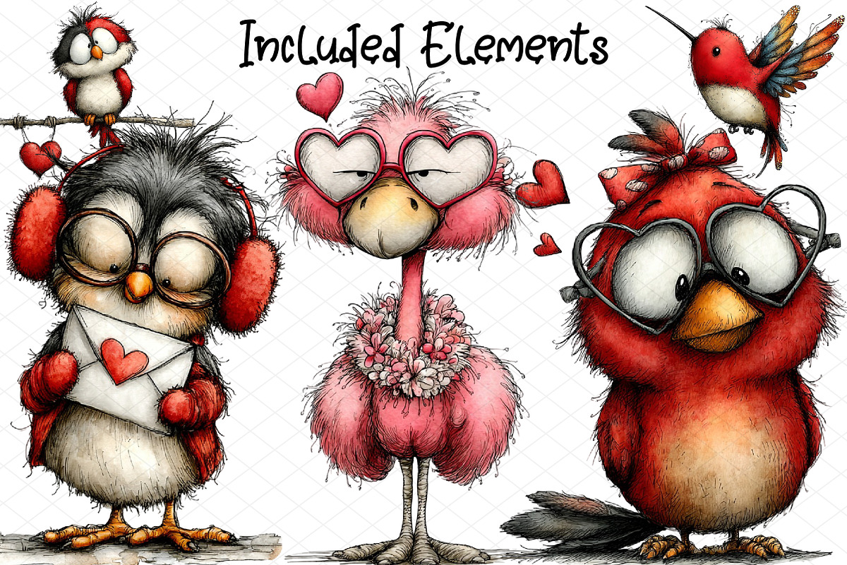 Whimsical Valentine Birds Clipart, an Illustration by cherrydesign (Photo 2 of 4)