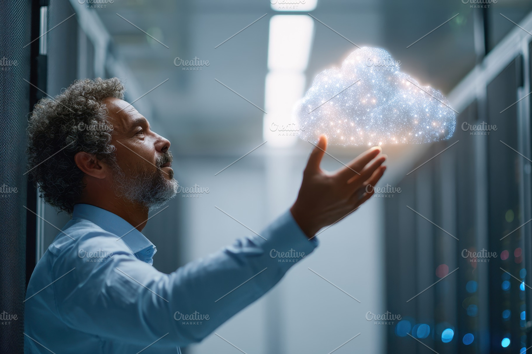 Man interacting with digital cloud in data center, a Business Photo by AlyaAnd