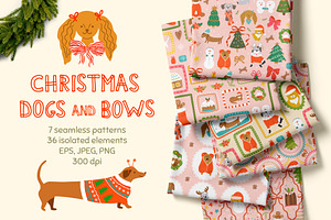 Pink Christmas dogs & bows, a Pattern Graphic by Tani Kuzminka