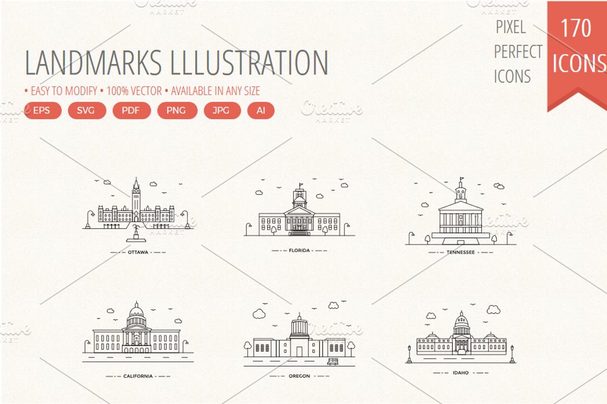 Landmarks lllustration line icons, an Icon by Dinosoftlabs (Photo 1 of 2)