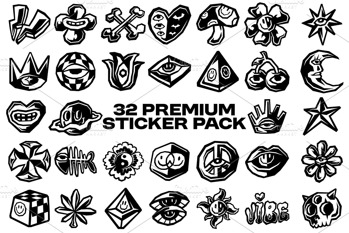 32 Trippy Streetwear Sticker Vector, a Decorative Illustration by Pries Studio (Photo 1 of 3)