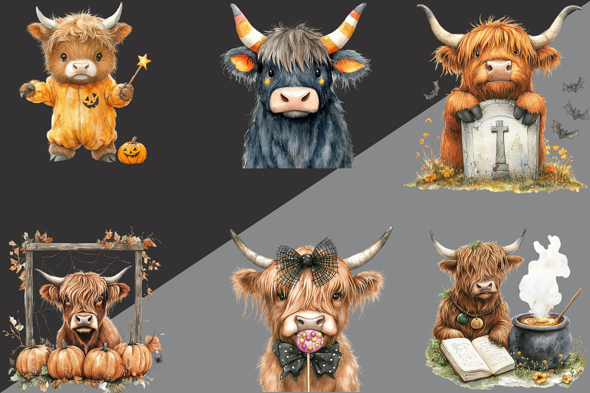 Halloween Highland Cow Clipart, an Illustration by Black Bird Studio (Photo 3 of 6)