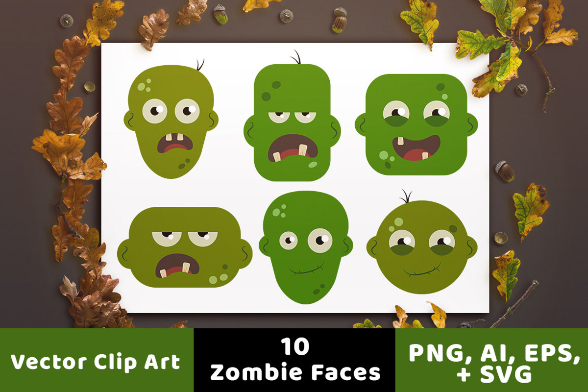 10 Zombie Faces Halloween Clipart, an Illustration by The Digital Download Shop (Photo 1 of 3)