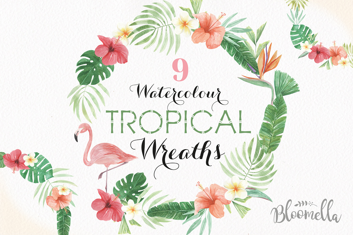 Tropical Watercolor Flamingo Wreaths, an Illustration by Bloomella (Photo 1 of 7)