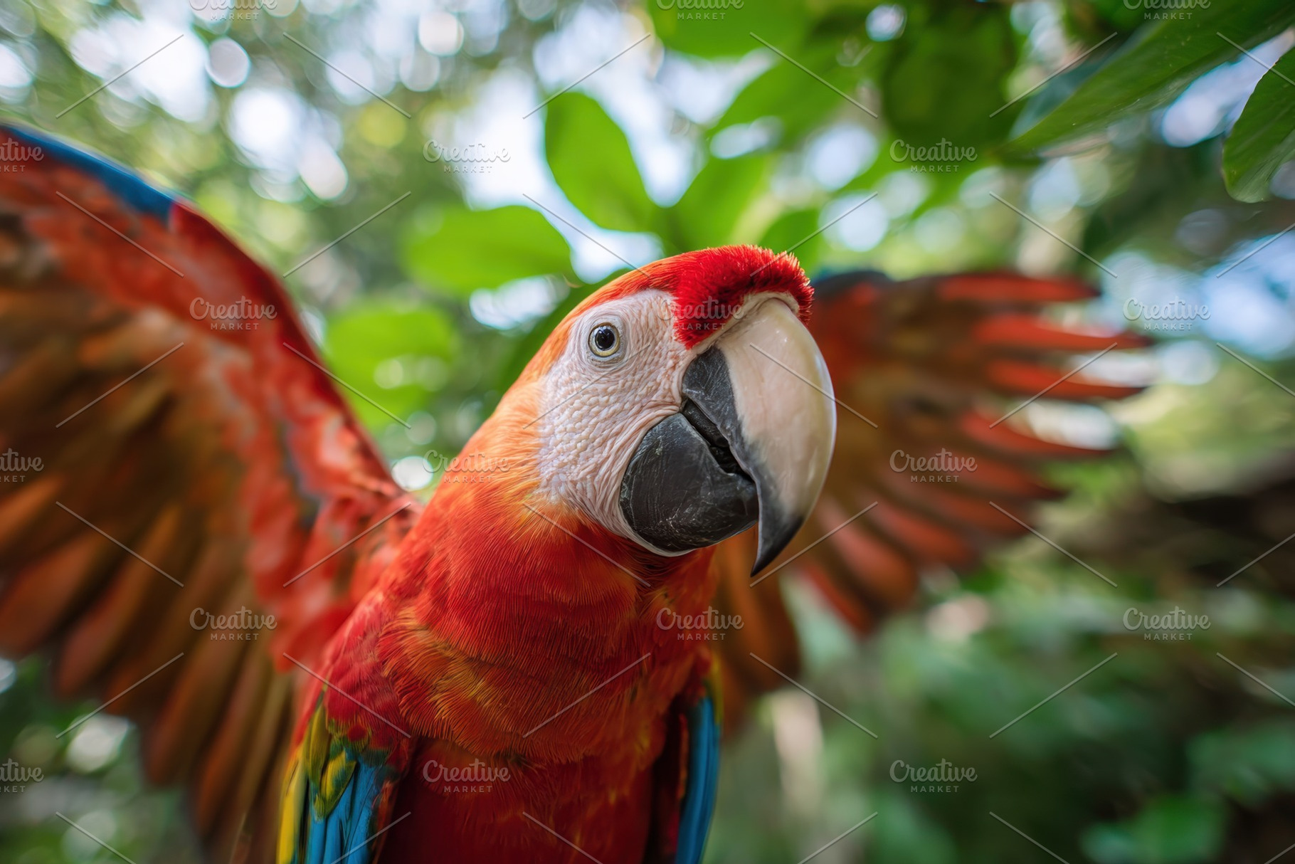 Vibrant scarlet macaw perched in lush greenery, an Animal Photo by AlyaAnd
