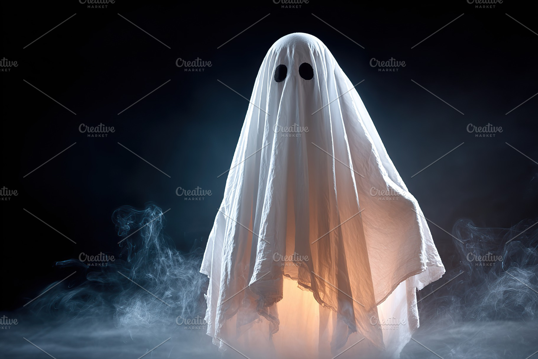 Ghost figure shrouded in white fabric amidst swirling mist and soft light effec, a Photo by AlyaAnd