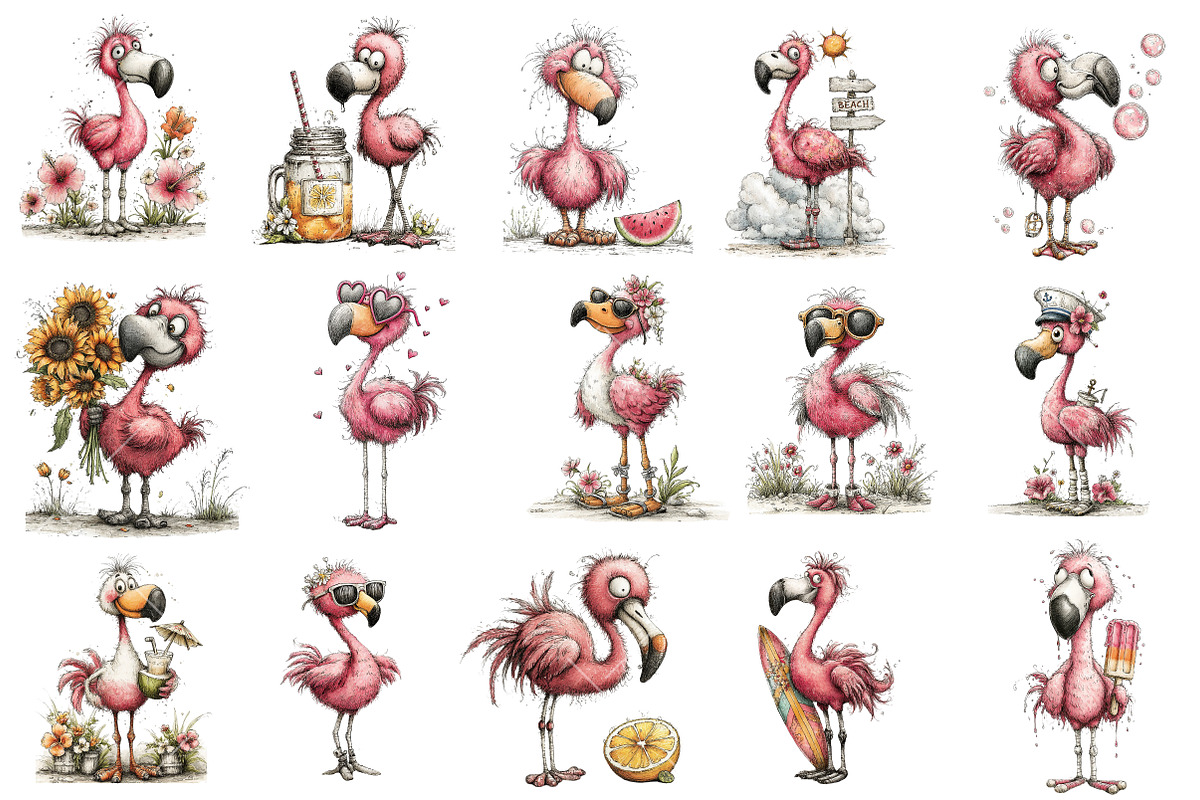 Whimsical Summer Flamingo Clipart, an Illustration by OK Design (Photo 3 of 6)
