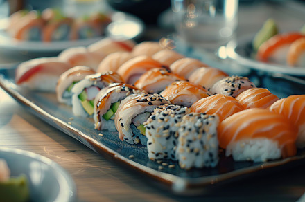 Assorted tasty sushi food in plate on restaurant table, a Food & Drink Photo by AlyaAnd