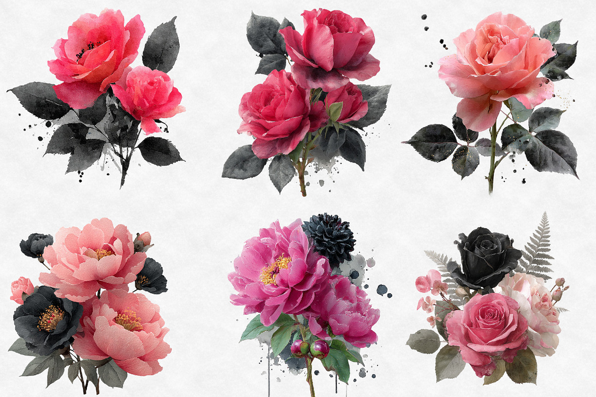 Black Pink and Silver Floral Clipart, an Illustration by Designworld (Photo 2 of 6)