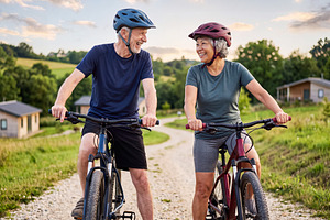 Happy senior caucasian man and asian woman riding bikes on rural, a Sports & Recreation Photo by Volff