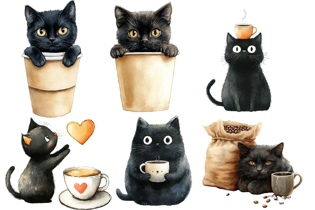 Funny Coffee Black Cat Clipart, an Illustration by Designworld (Photo 3 of 6)