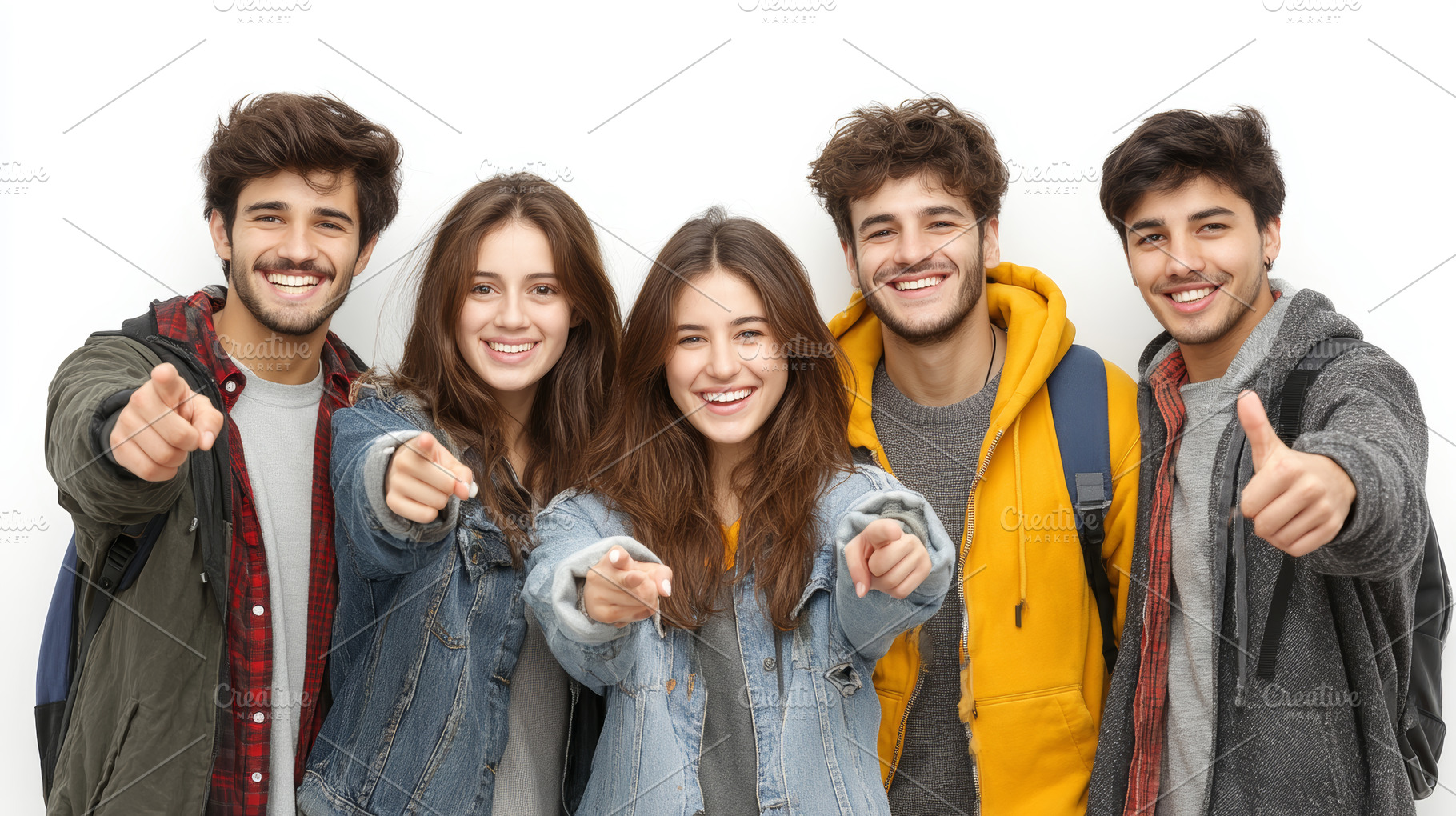 Group of happy and diverse students smiling and pointing at the camera, a Photo by AS photostudio
