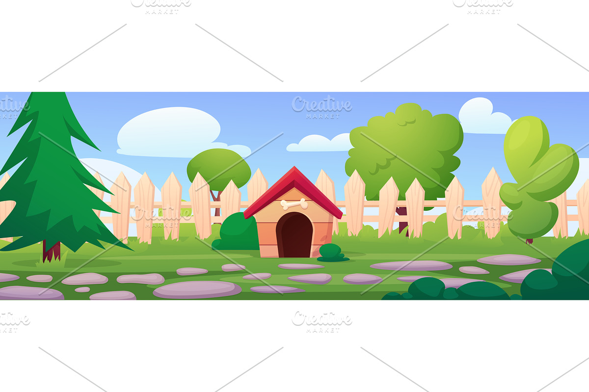 Backyard with dog house. Wooden pet, an Animal Illustration by LadadikArt
