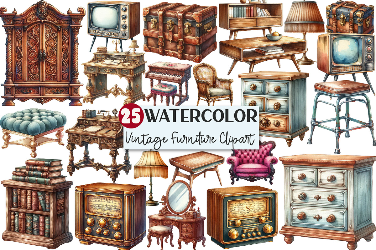 Vintage Furniture Watercolor Clipart, an Illustration by Rose Art (Photo 1 of 5)