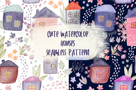 Watercolor Houses Seamless Pattern