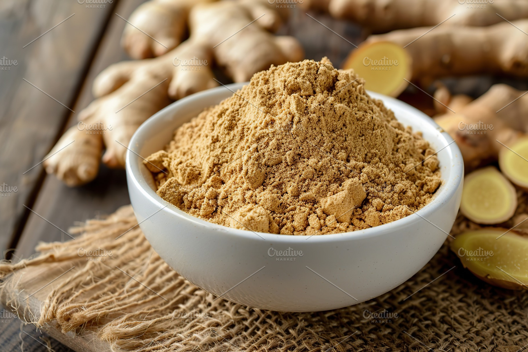 Ground dry ginger in bowl on wooden background, a Food & Drink Photo by AlyaAnd