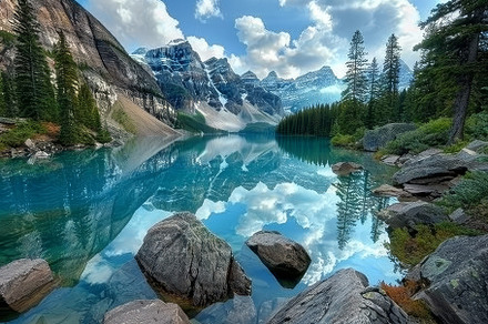 The clear blue lake mirrors the stun, a Photo by Tanuart