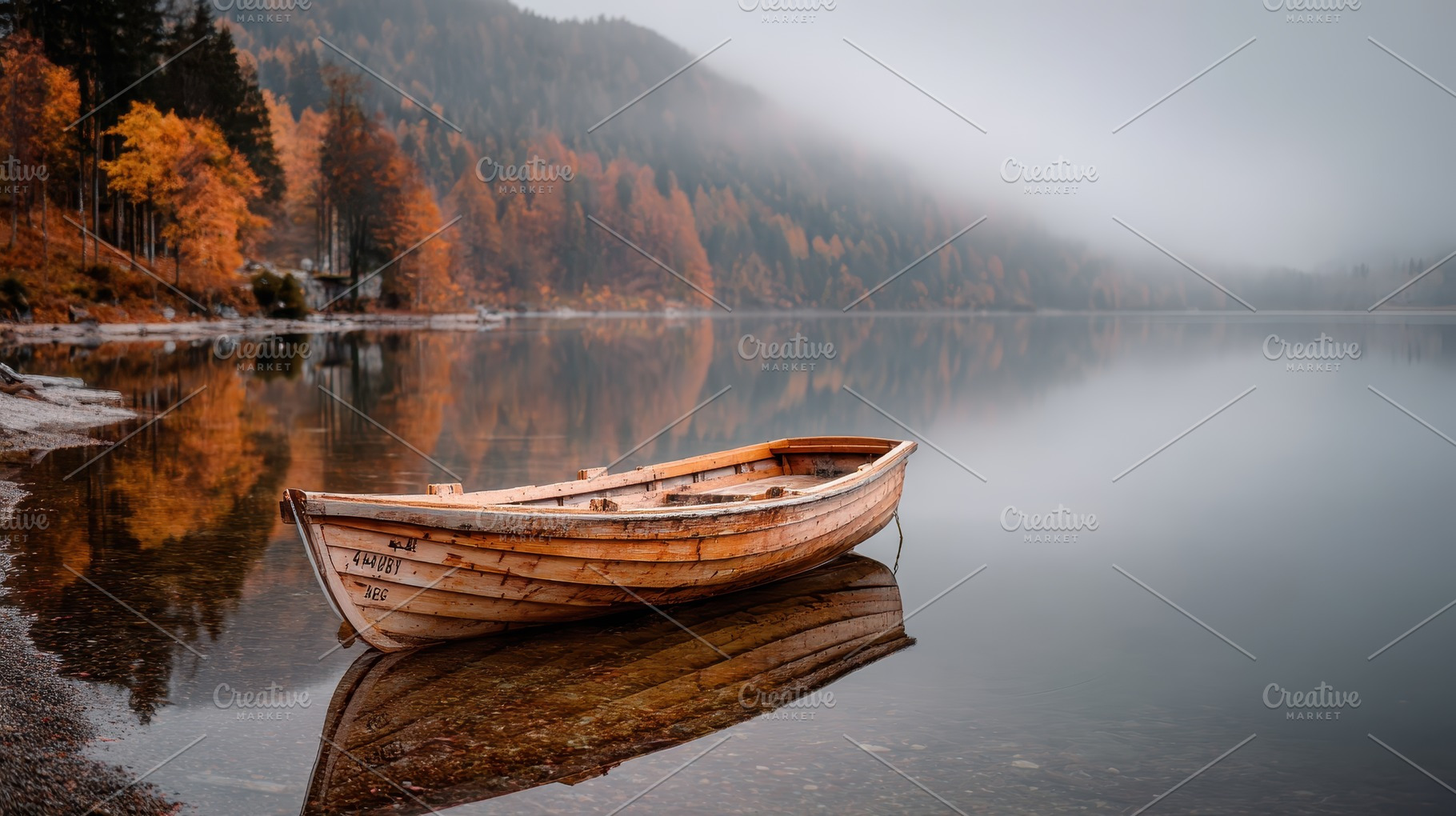 Wooden boat on calm lake autumn fog, a Photo by Pixeness Studio