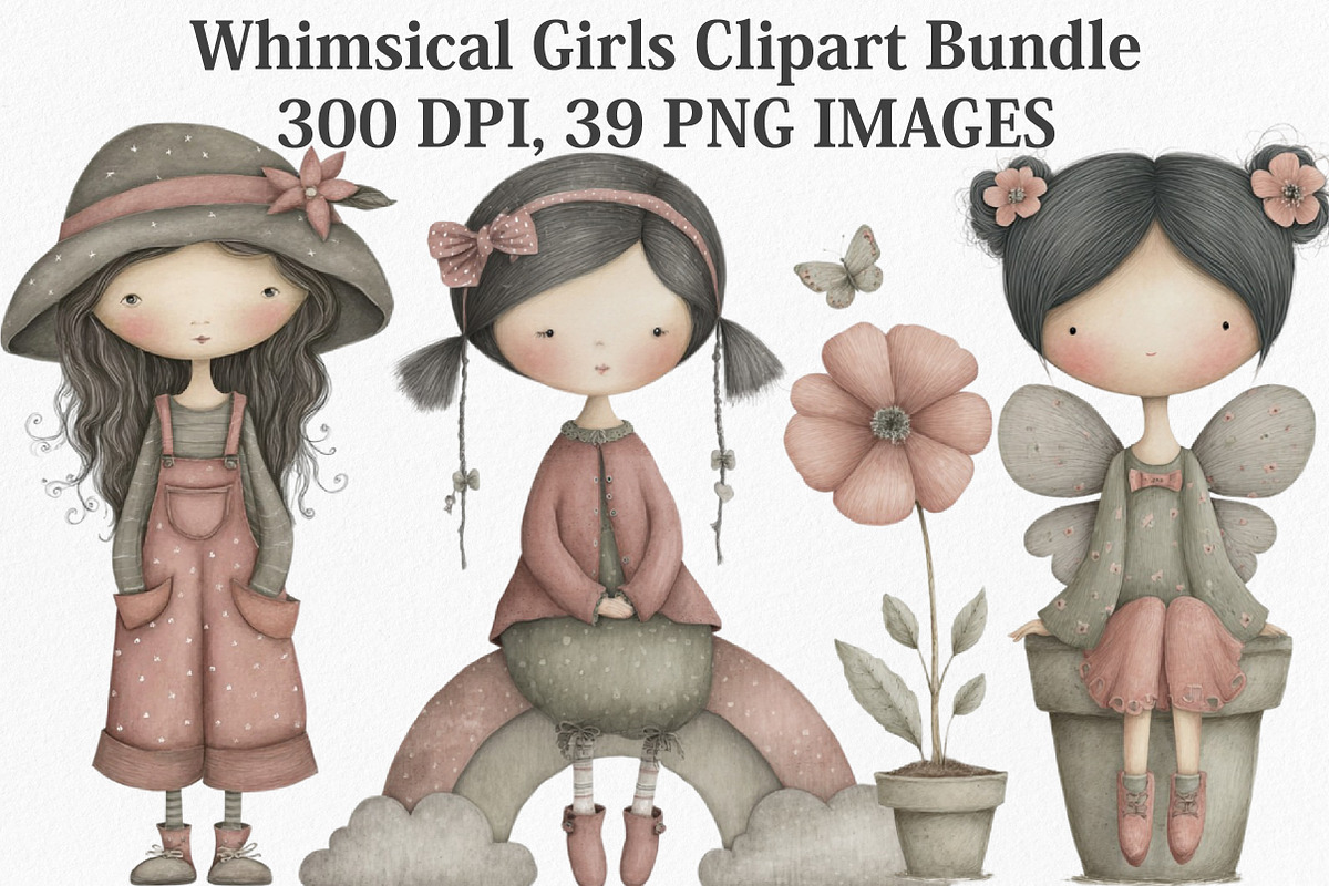 Whimsical Girls Clipart Bundle, an Illustration by Canvas Craft (Photo 1 of 7)