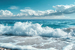 Ocean waves crash onto the shore under a bright blue sky filled with fluffy clo, a Nature Photo by AlyaAnd