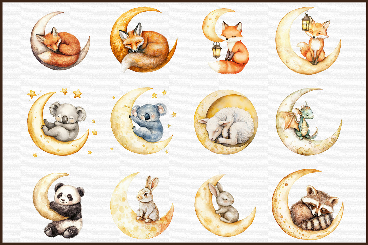 Watercolor Animal Moon Clipart Bundl, an Illustration by Sublimation Artist (Photo 3 of 6)