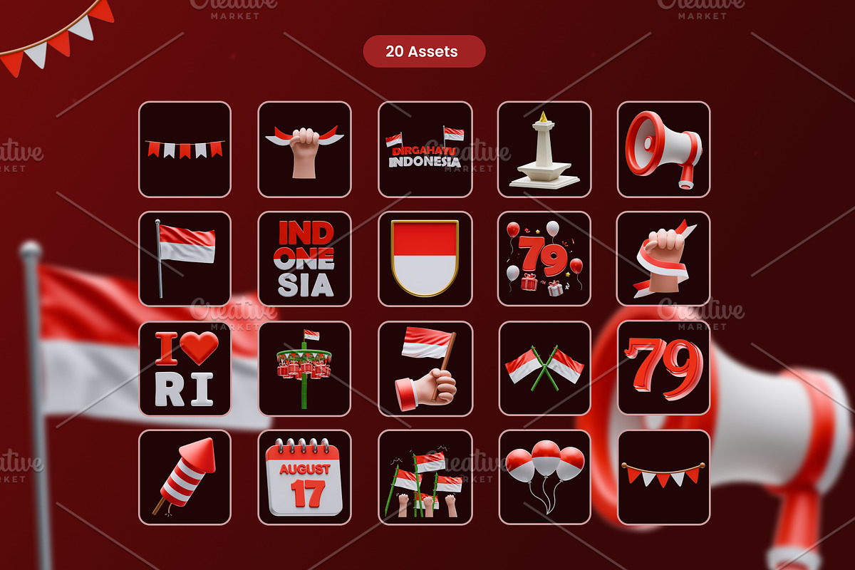 Indonesia Independence Day 3D Icons, an Object 3D Model by Azam Creative (Photo 5 of 5)