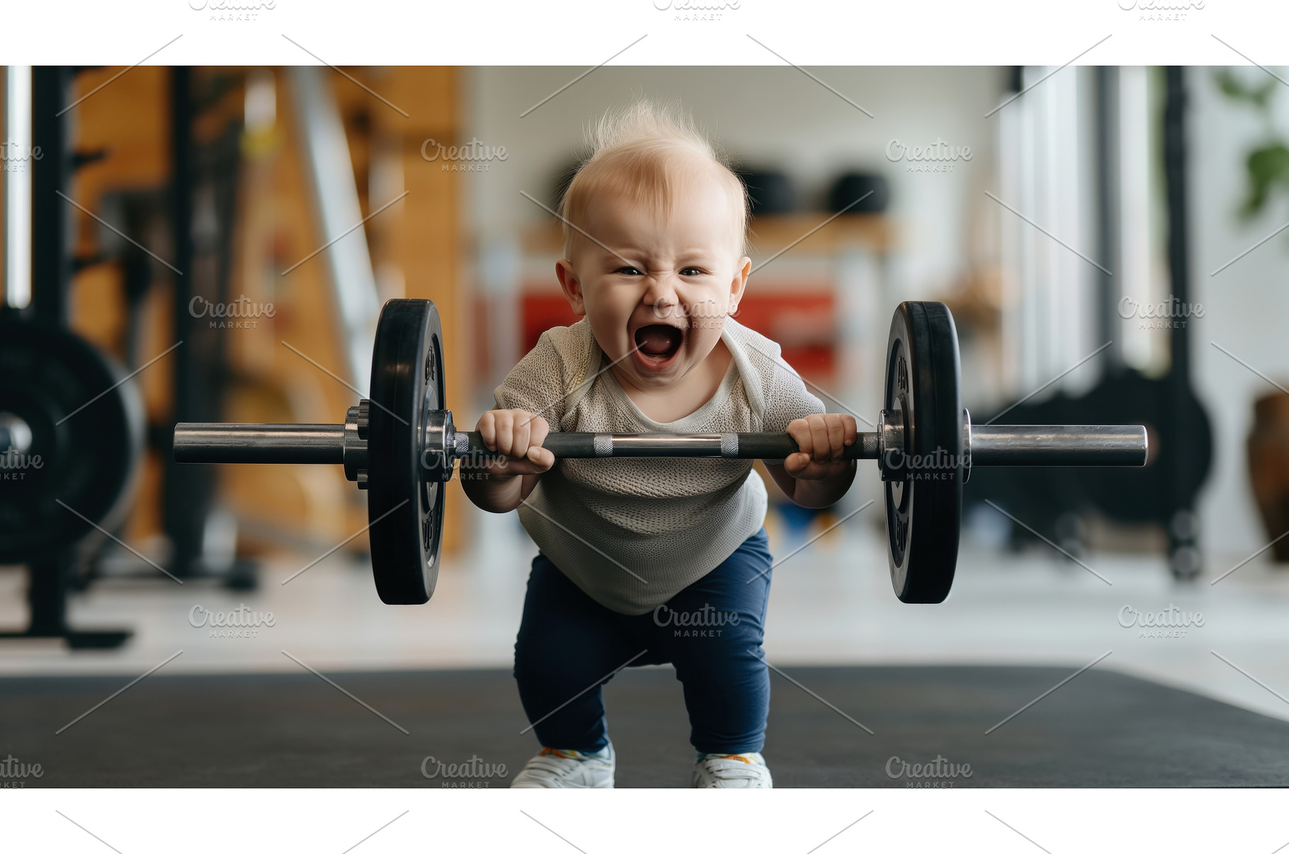 Baby lifting barbell with weight, a Sports & Recreation Photo by Sergey Kotenev
