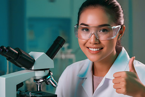 Asian Scientist Giving Thumbs Up in, an Abstract Photo by Stock Shape