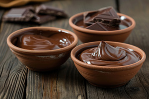 Sweet milk melted chocolate in bowls on wooden table, a Food & Drink Photo by AlyaAnd