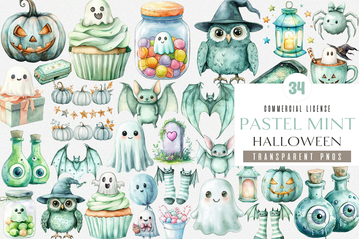 Pastel Mint Halloween Clipart, an Illustration by SinaCreation (Photo 1 of 4)