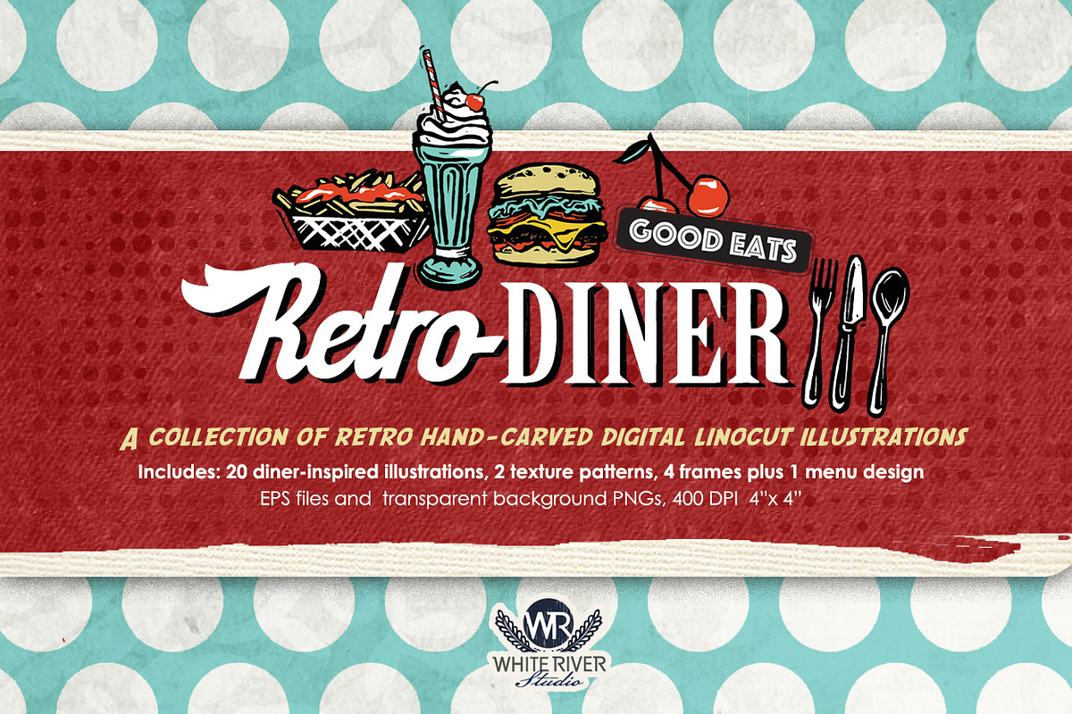 Retro Diner Linocuts, an Illustration by WhiteRiverStudio (Photo 1 of 11)