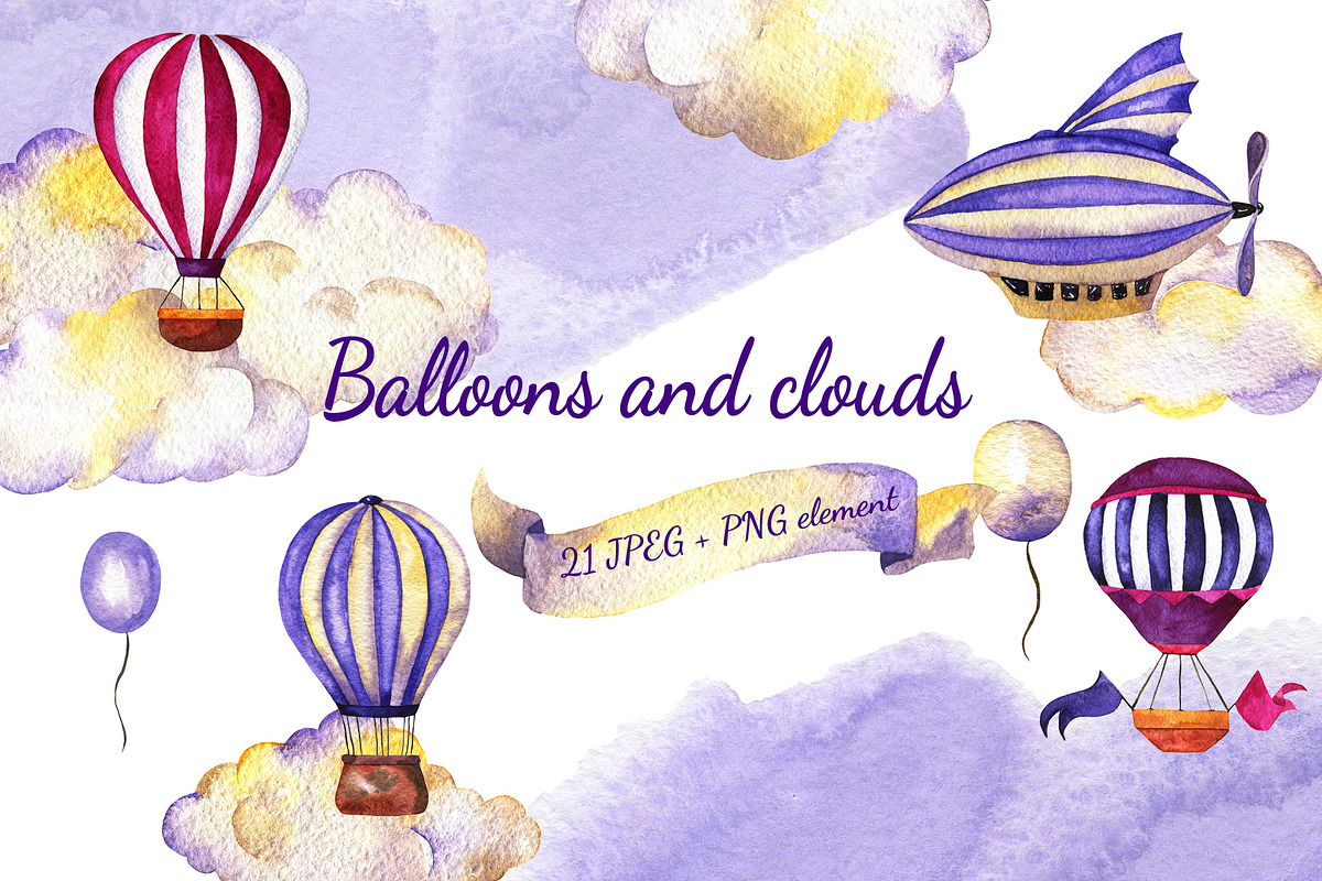 Balloons and clouds watercolor set, an Illustration by Watercolor & sketches (Photo 1 of 5)