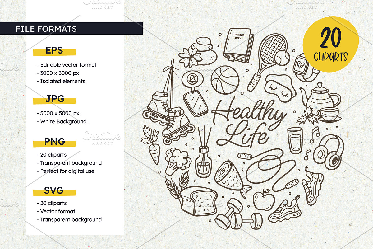 Healthy Lifestyle Doodle SVG Set, an Object Illustration by insemar (Photo 3 of 4)