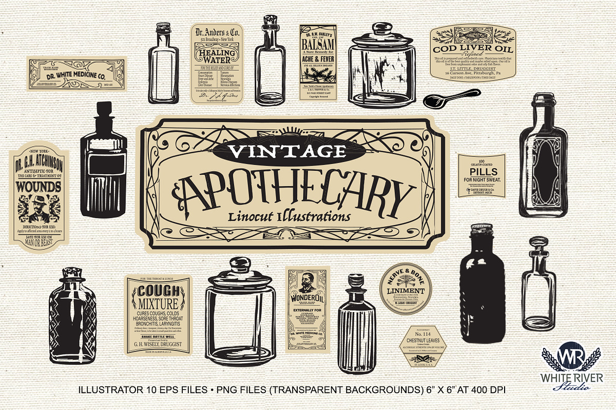 Vintage Apothecary Linocuts, an Illustration by WhiteRiverStudio (Photo 2 of 8)