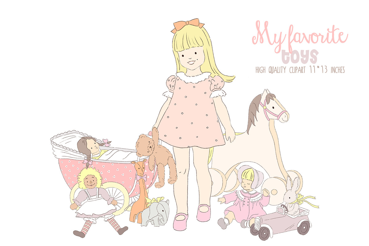Baby girl with vintage toys clipart, an Illustration by Magic Story Studio (Photo 1 of 2)