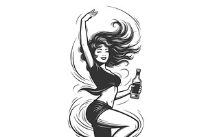 Dancing Woman Holding Bottle Party, a Person Illustration by AlexArt