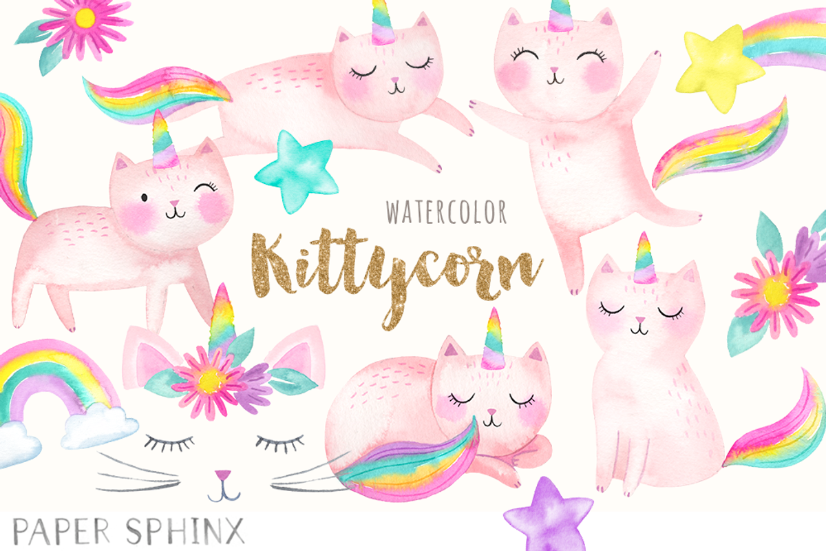 Watercolor Cat Unicorn Clipart, an Illustration by PaperSphinx (Photo 1 of 3)