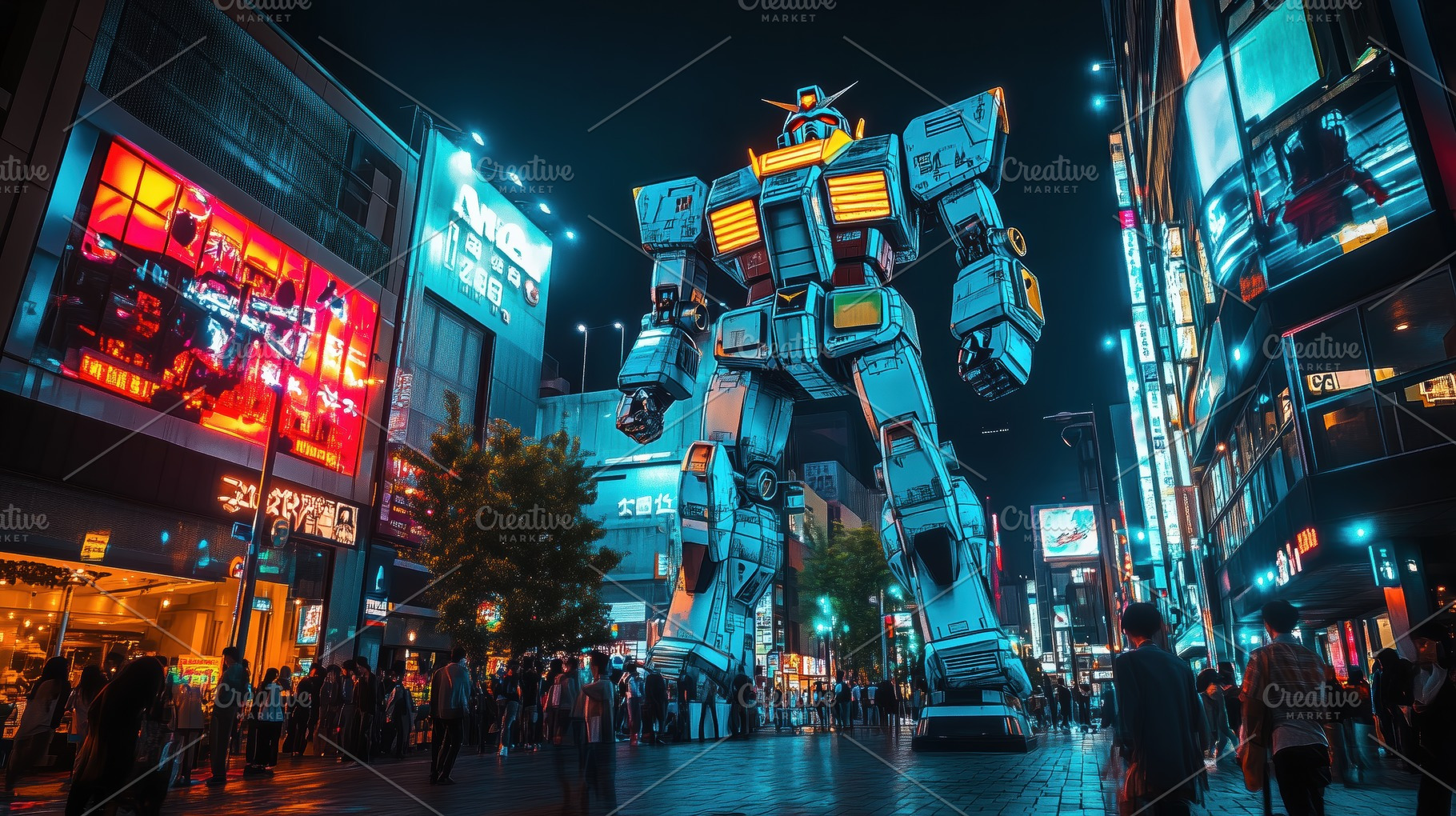 A giant robot statue illuminated at night in a bustling urban setting, surround, an Industrial Photo by Textures & Backgrounds