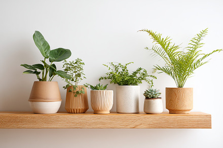 Indoor plants arranged on a wooden shelf in stylish pots create a serene atmosp, a Nature Photo by AlyaAnd