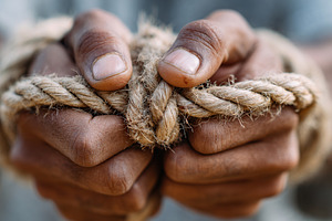 Hands gripping coarse rope tightly, symbolizing struggle and restraint in an em, a Photo by AlyaAnd