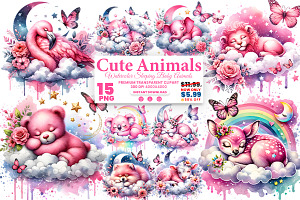 Cute Sleeping Baby Animals Clipart, an Animal Illustration by Creative Arslan