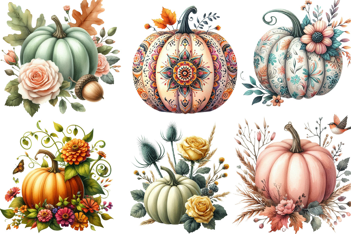 Watercolor Autumn Flower Pumpkin PNG, an Illustration by Designking (Photo 3 of 4)