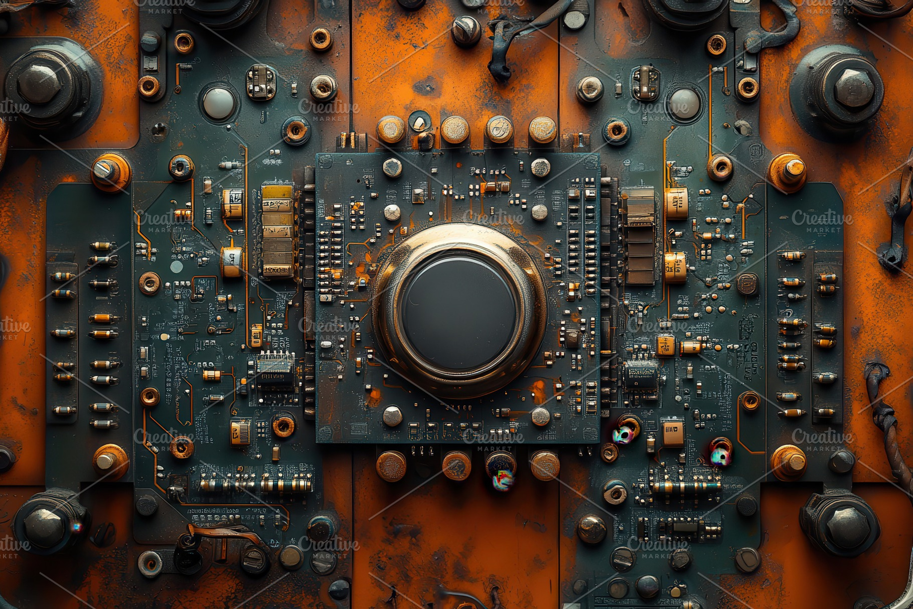 Circuit board with rust and intricat, a Photo by Tanuart