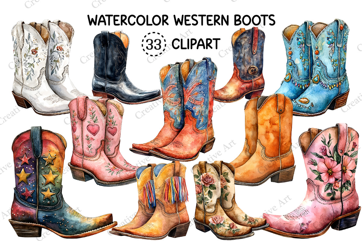 Western Boots Watercolor Clipart, an Illustration by Creative Art (Photo 1 of 10)