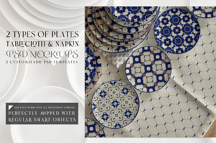 2 Types of Plates Tablecloth Napkin, a Household Mockup by mock-ups